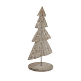 Hill Interiors large wicker Christmas tree ornament in warm brown, woven into a tiered tree silhouette on a round wooden base, on a white background.