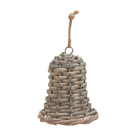 Hill Interiors small woven wicker bell Christmas decoration in natural brown with a jute hanging loop, shown against a plain white background.