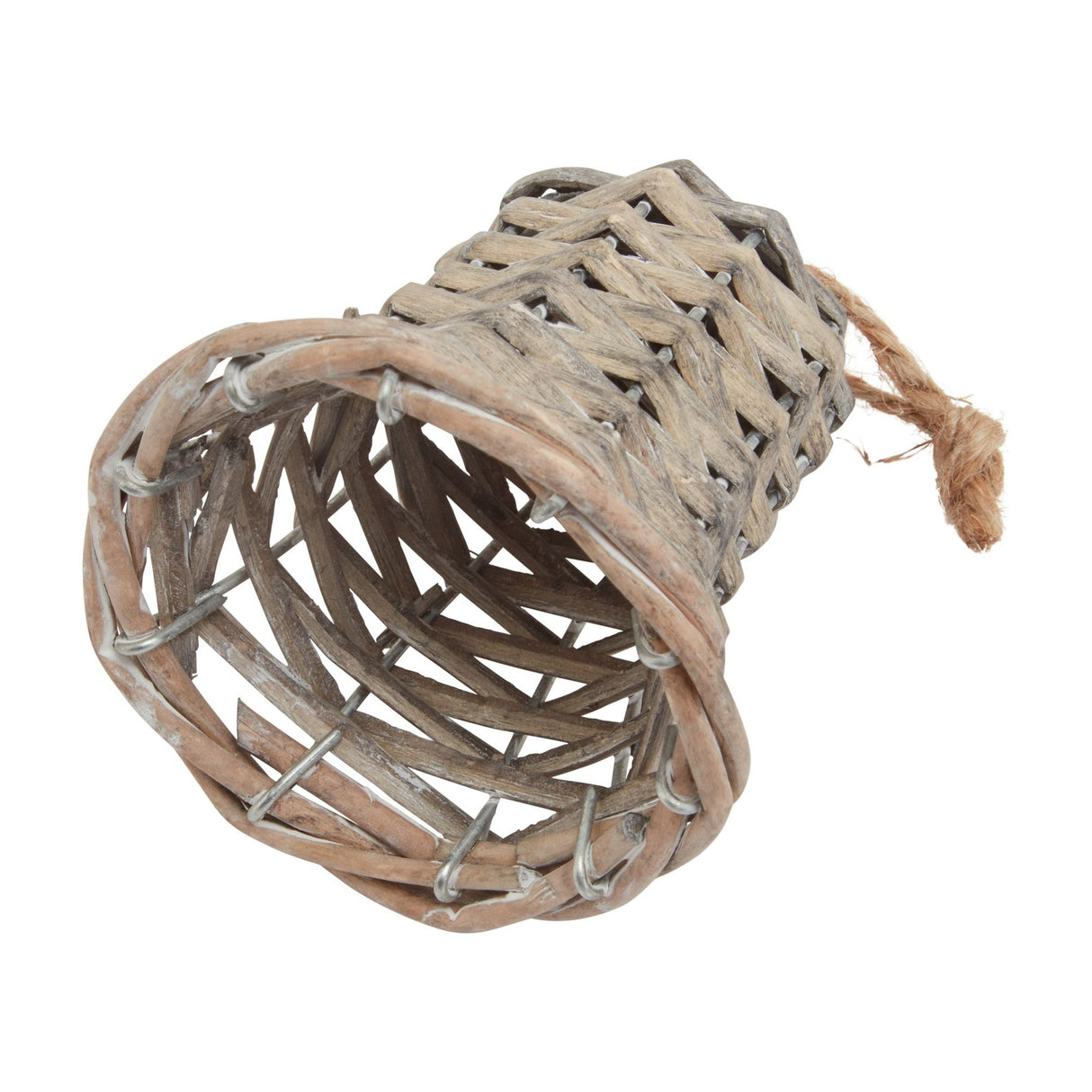 Hill Interiors Small Wicker Bell Decoration in brown, woven from slender strands with a jute hanging loop, shown on its side against a white background.