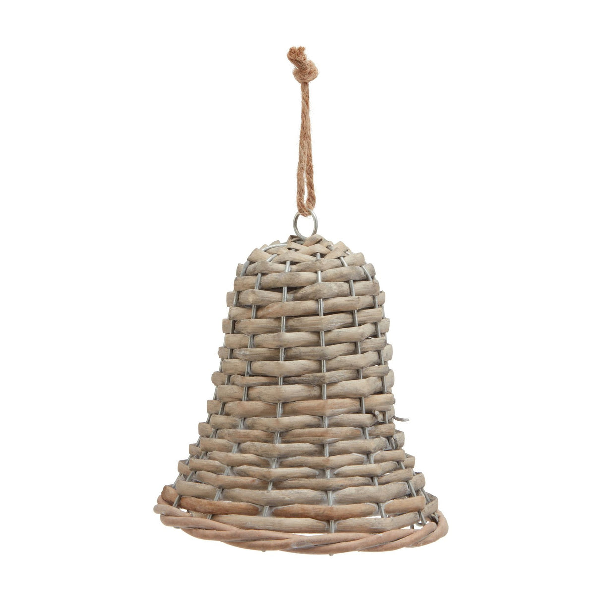 Hill Interiors medium wicker bell Christmas decoration in brown, woven natural fibres with a jute rope hanging loop, shown on a plain white background.