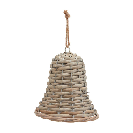 Hill Interiors medium wicker bell Christmas decoration in brown, woven natural fibres with a jute rope hanging loop, shown on a plain white background.