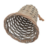 Hill Interiors medium brown wicker bell decoration tipped on its side, showing the open woven interior and jute hanging loop against a white background.