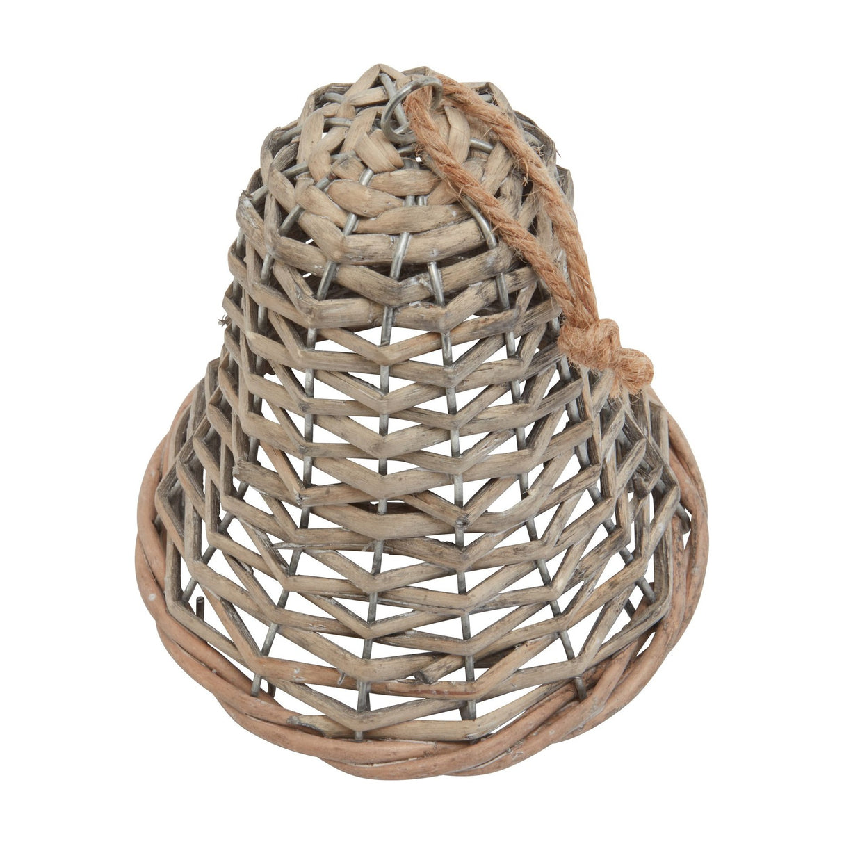 Hill Interiors medium wicker bell Christmas decoration in warm brown, with a woven chevron pattern and jute hanging loop, on a plain white background.