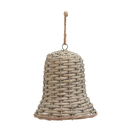 Hill Interiors large wicker bell Christmas decoration in warm brown with a tapered woven body and jute rope hanger, shown on a plain white background.