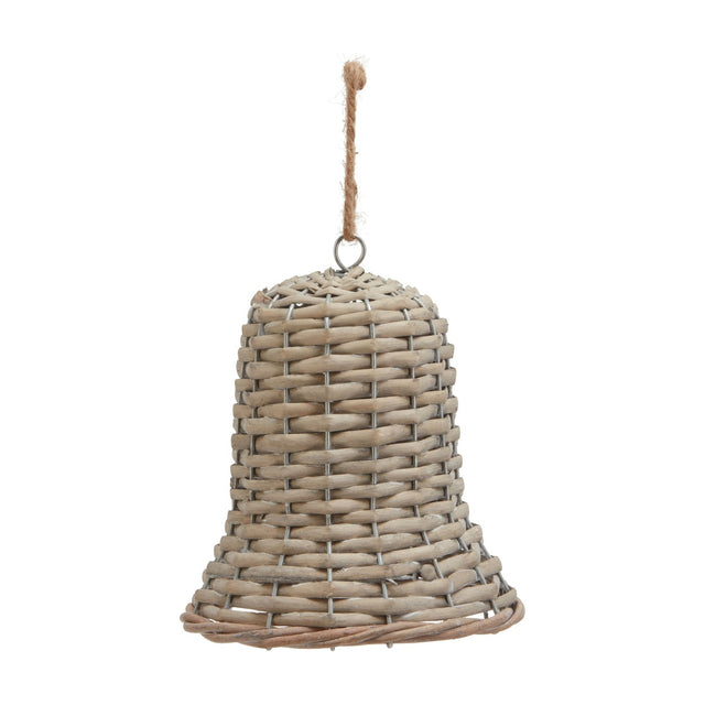 Hill Interiors large wicker bell Christmas decoration in warm brown with a tapered woven body and jute rope hanger, shown on a plain white background.