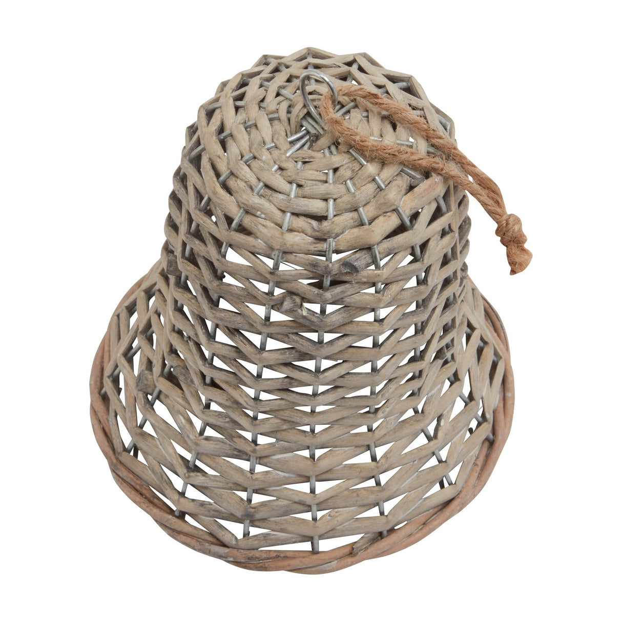Hill Interiors large wicker bell Christmas decoration in warm brown, with open woven texture, metal hanging ring and jute cord, on a white background.