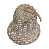 Hill Interiors large wicker bell Christmas decoration in warm brown, with open woven texture, metal hanging ring and jute cord, on a white background.
