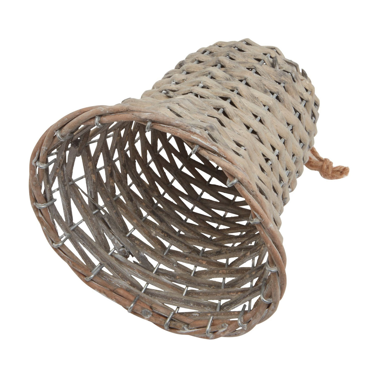 Hill Interiors large wicker bell Christmas decoration in warm brown, shown on its side with the open woven base and jute hanging loop visible.
