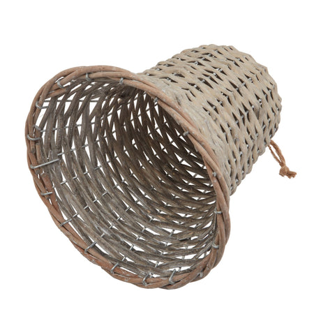 Hill Interiors extra large wicker bell decoration in warm brown, tipped on its side to show the open woven interior and jute hanging loop.