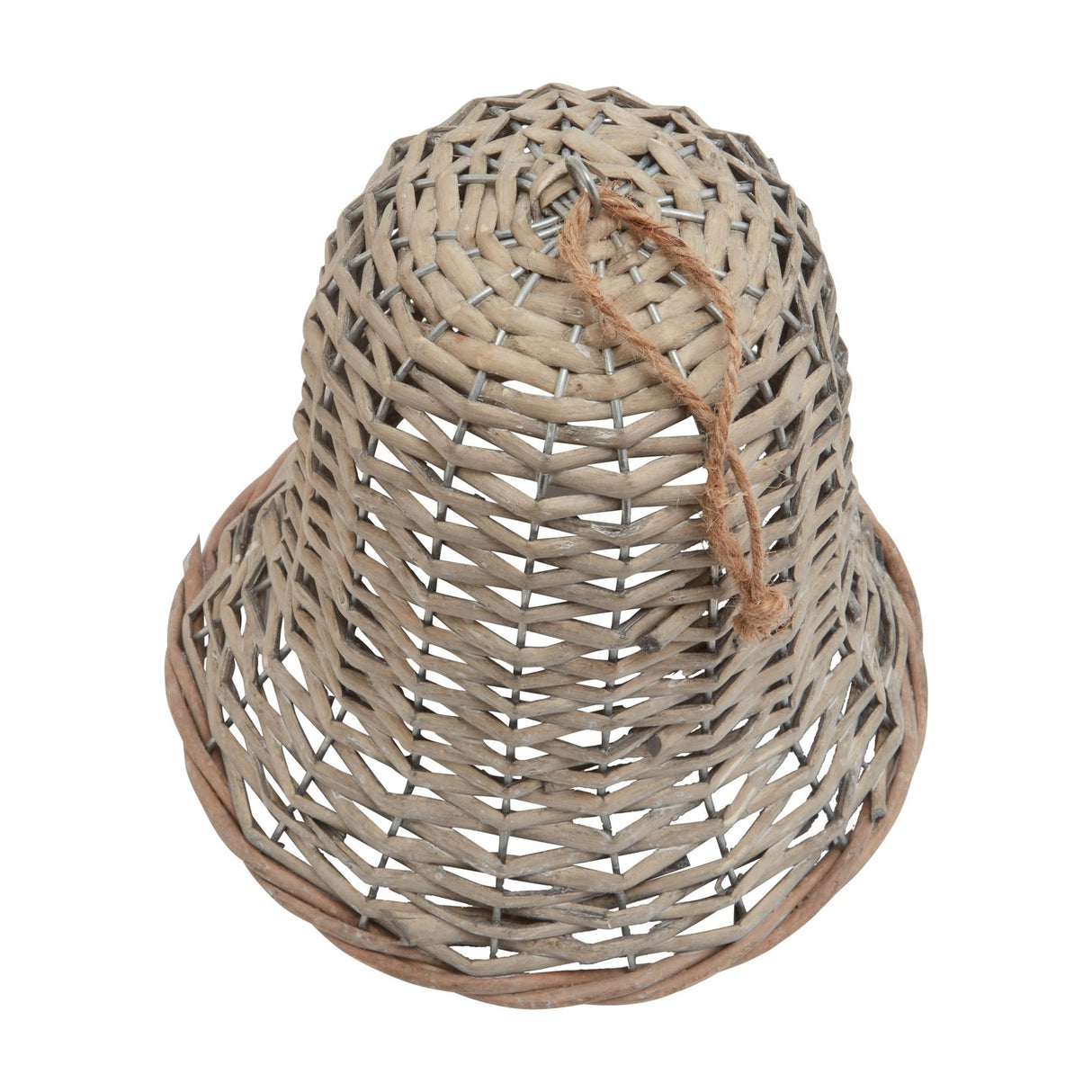 Hill Interiors extra large wicker bell Christmas decoration in brown with open woven weave and jute hanging loop, shown on a plain white background.