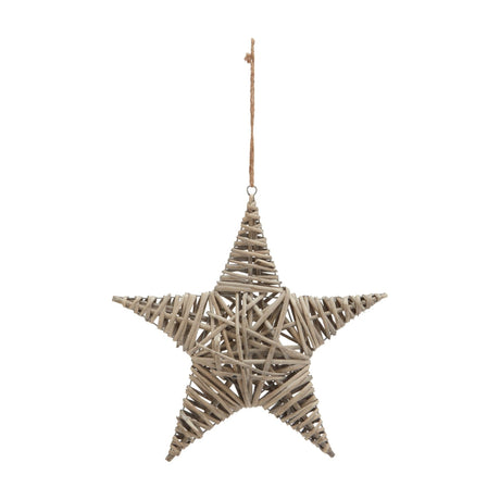 Hill Interiors large brown wicker star decoration with woven five-point form and jute hanging loop, shown against a plain white background.