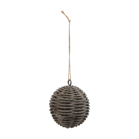 Hill Interiors Wicker Bauble Christmas Decoration in brown, a woven rattan sphere with jute hanging cord, shown on a plain white background.