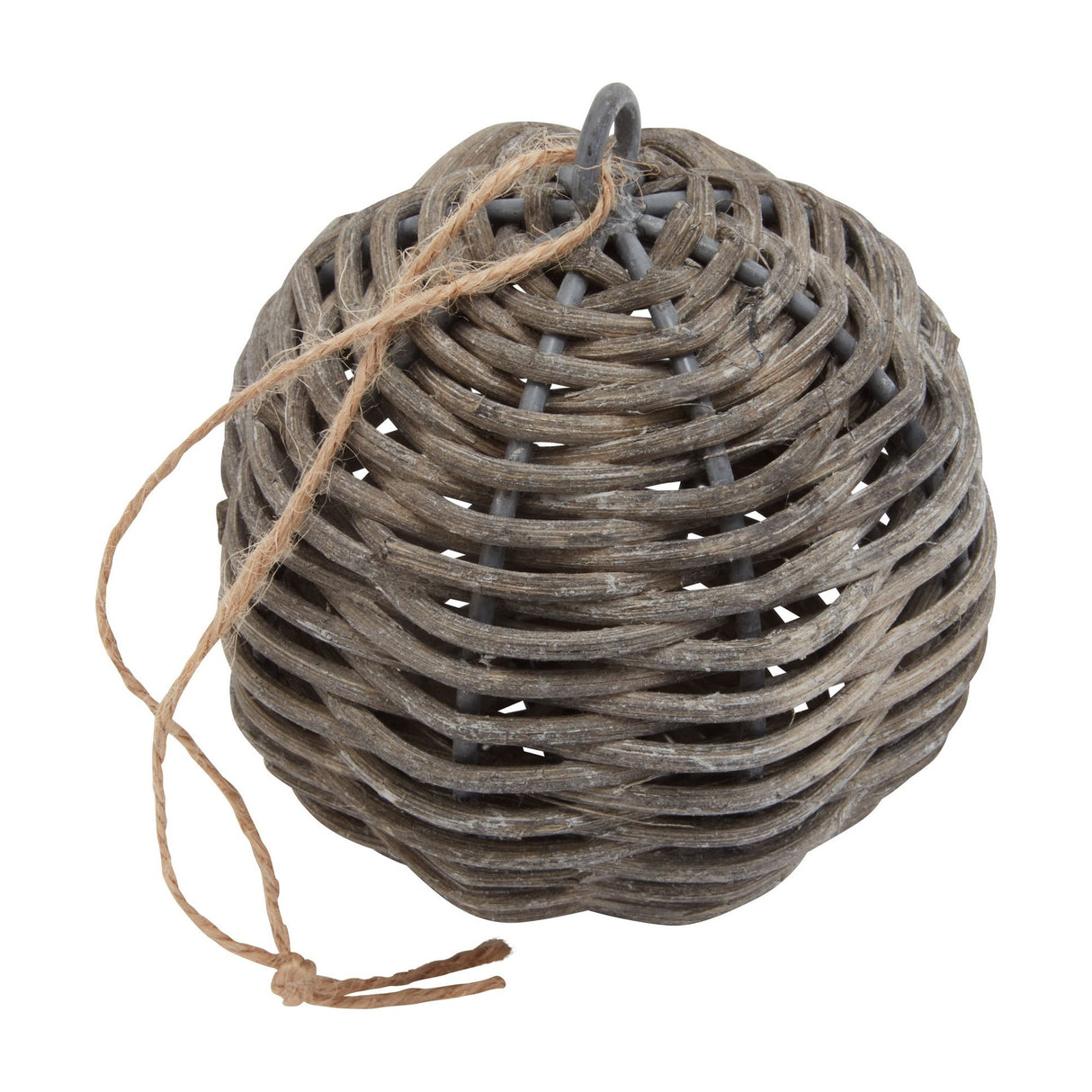 Hill Interiors wicker Christmas bauble in brown, a 10cm woven sphere with a metal hanging loop and jute string tie, shown on a white background.