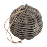 Hill Interiors wicker Christmas bauble in brown, a 10cm woven sphere with a metal hanging loop and jute string tie, shown on a white background.