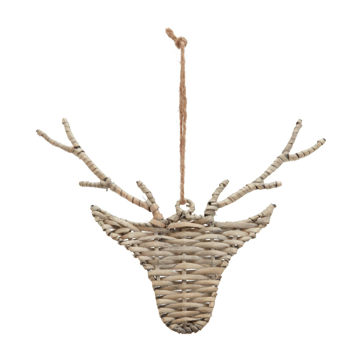 Hill Interiors wicker hanging reindeer decoration in brown, with a woven head, twig antlers and jute loop, shown on a plain white background.