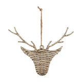 Hill Interiors wicker hanging reindeer decoration in brown, with a woven head, twig antlers and jute loop, shown on a plain white background.