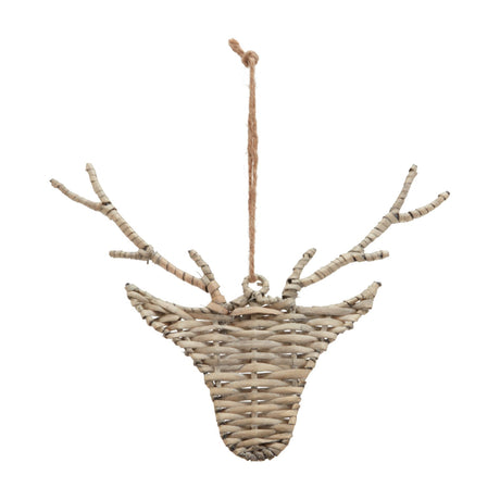 Hill Interiors wicker hanging reindeer decoration in brown, with a woven head, twig antlers and jute loop, shown on a plain white background.