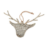 Hill Interiors wicker hanging reindeer decoration in soft brown, woven head with twig-style antlers and jute loop, shown on a plain white background.