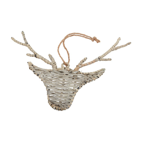 Hill Interiors wicker hanging reindeer decoration in soft brown, woven head with twig-style antlers and jute loop, shown on a plain white background.