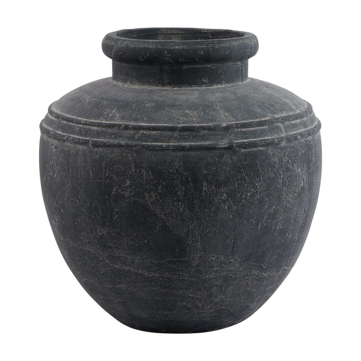 Hill Interiors Large Water Pot ceramic planter in matt grey with a rounded body, ridged shoulder and wide flared rim, shown on a plain background.
