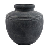 Hill Interiors Large Water Pot ceramic planter in matt grey with a rounded body, ridged shoulder and wide flared rim, shown on a plain background.