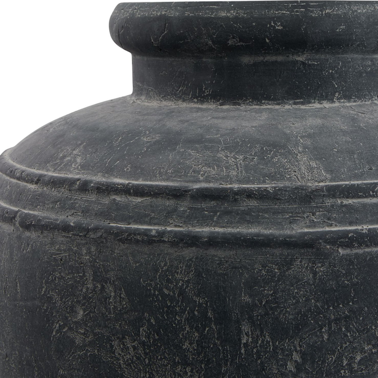 Close-up of the Hill Interiors Large Water Pot ceramic planter in matt grey, showing the ridged shoulder detail and wide rounded neck.