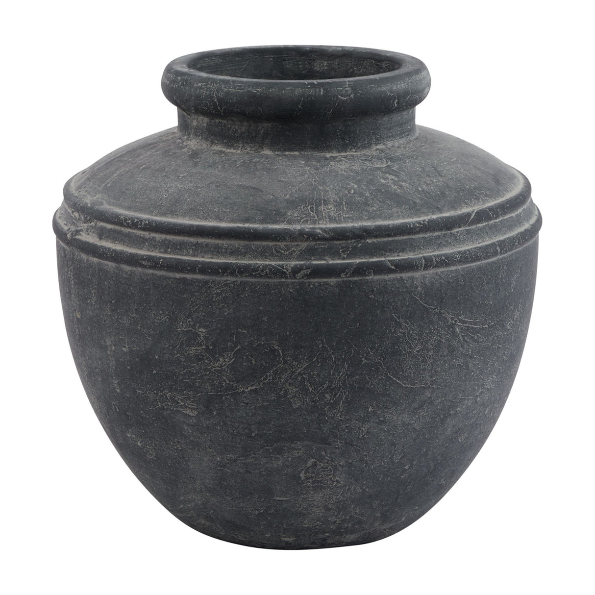 Hill Interiors grey ceramic water pot planter with a rounded body, ridged shoulder detail and wide rimmed opening, shown on a plain white background.