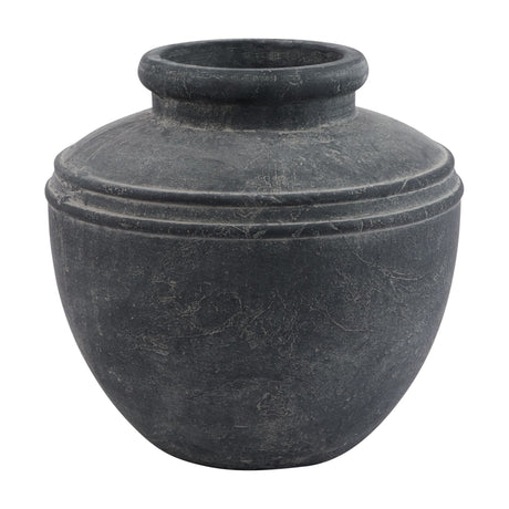 Hill Interiors grey ceramic water pot planter with a rounded body, ridged shoulder detail and wide rimmed opening, shown on a plain white background.