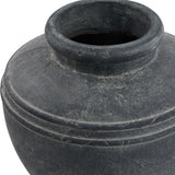 Close-up of the Hill Interiors Grey Ceramic Water Pot Planter showing its wide rim, ridged shoulder detail and weathered grey glazed finish.