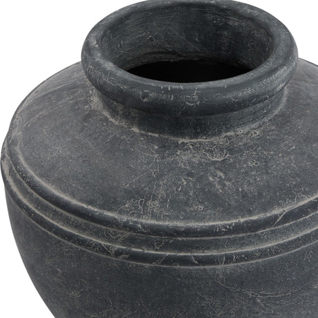 Close-up of the Hill Interiors Grey Ceramic Water Pot Planter showing its wide rim, ridged shoulder detail and weathered grey glazed finish.