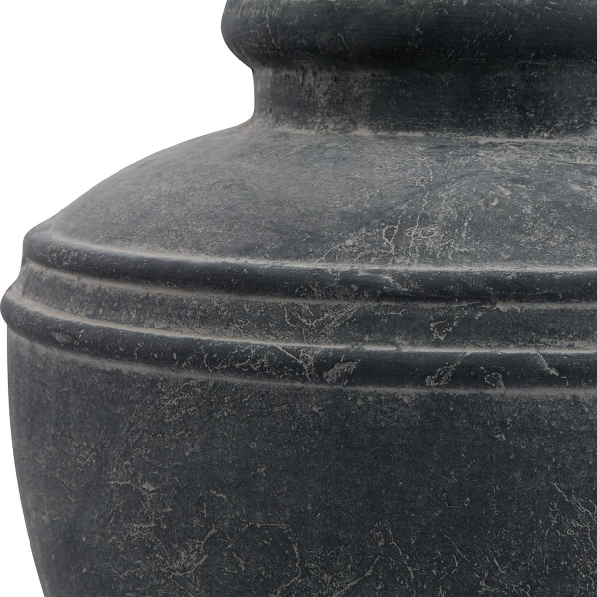 Close-up of Hill Interiors Grey Ceramic Water Pot Planter showing the weathered grey glaze, ridged banding, and rounded shoulder tapering to a wide rim.