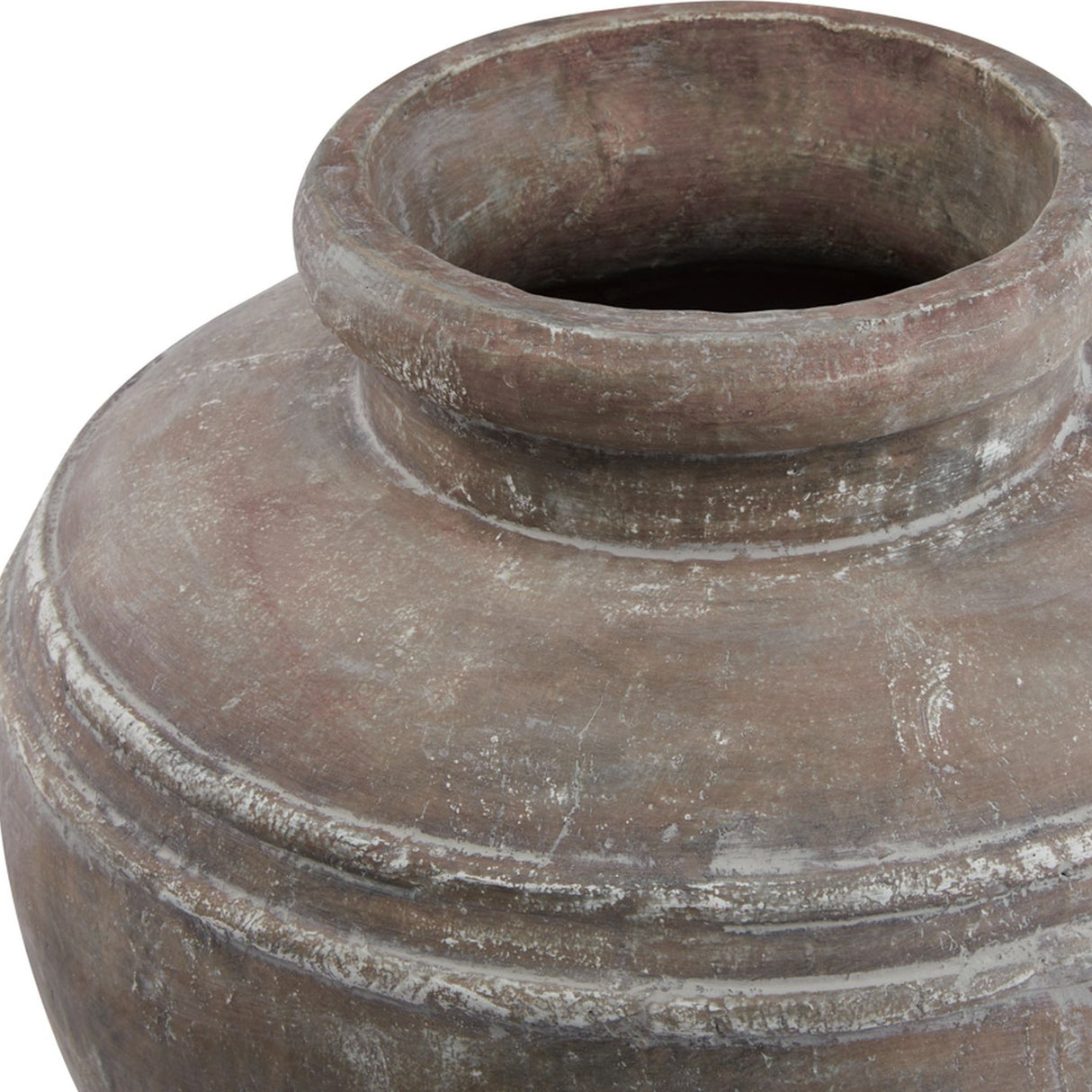 Close-up of Hill Interiors Large Brown Water Pot ceramic planter showing the wide rim, ridged neck, and weathered earthy brown glaze.