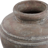 Close-up of Hill Interiors Large Brown Water Pot ceramic planter showing the wide rim, ridged neck, and weathered earthy brown glaze.