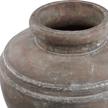 Close-up of Hill Interiors Large Brown Water Pot ceramic planter showing the wide rim, ridged neck, and weathered earthy brown glaze.