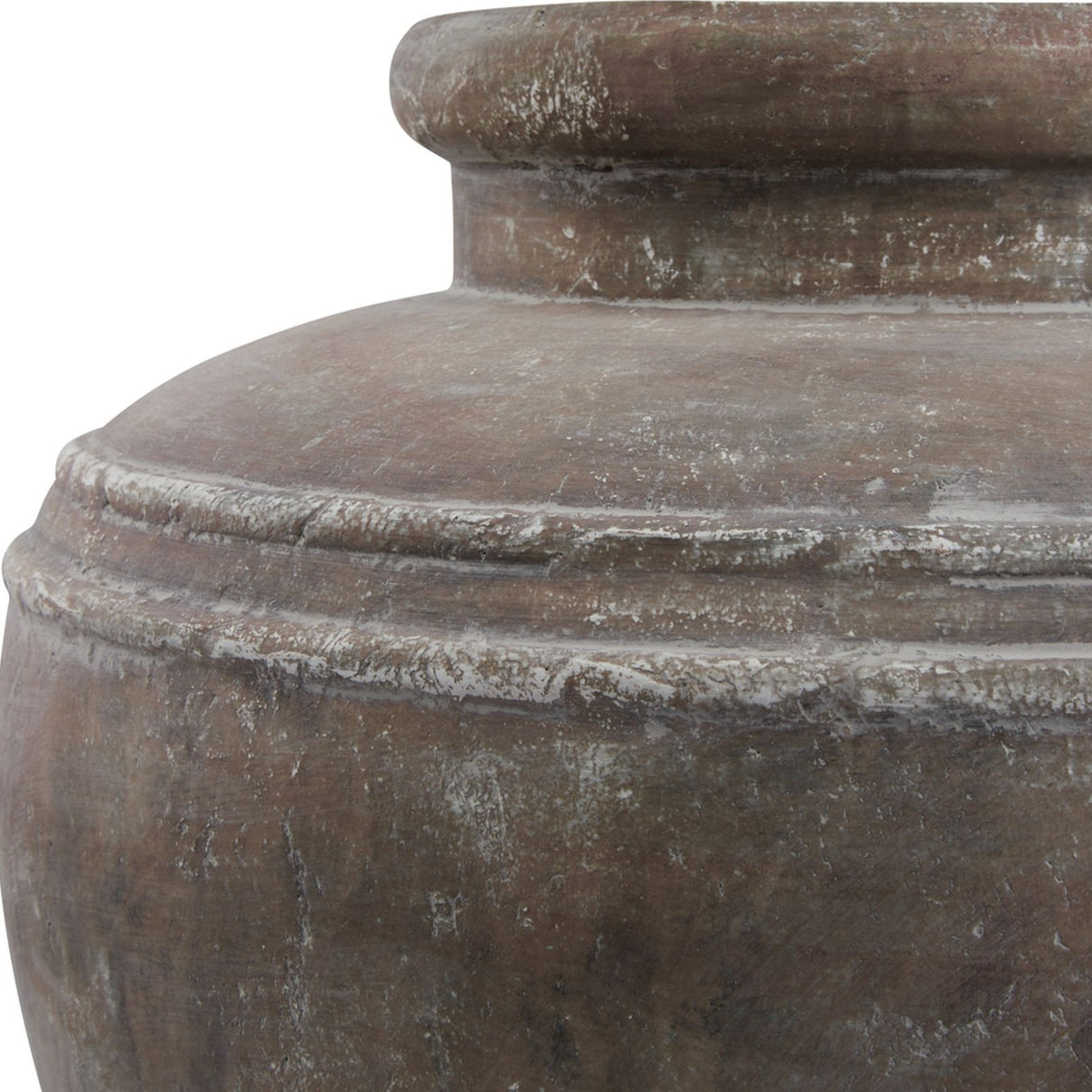 Close-up of the Hill Interiors Large Brown Water Pot ceramic planter showing the wide rim, ridged neck detail and weathered brown glazed finish.
