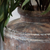 Close-up of Hill Interiors Large Brown Water Pot Ceramic Planter showing the wide rim, ridged shoulder and weathered brown glaze, with green foliage alongside.