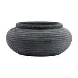 Hill Interiors Round Ribbed Ceramic Planter in grey, a low wide vessel with vertical ribbing and a rolled rim, shown on a plain white background.