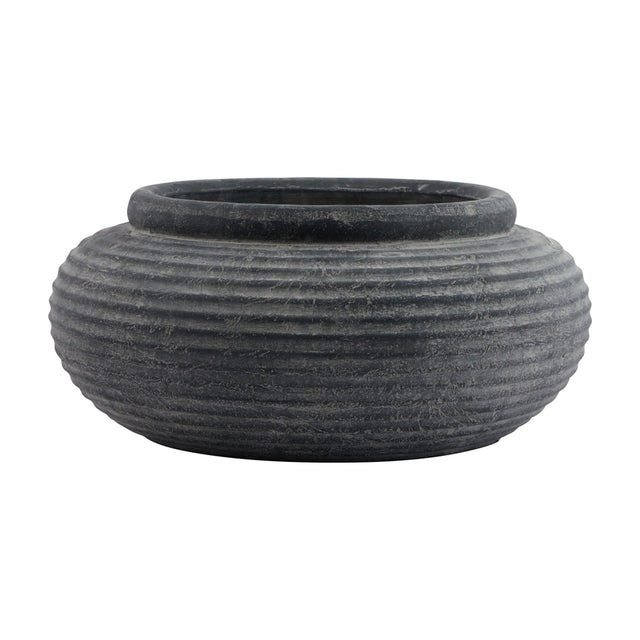 Hill Interiors Round Ribbed Ceramic Planter in grey, a low wide vessel with vertical ribbing and a rolled rim, shown on a plain white background.