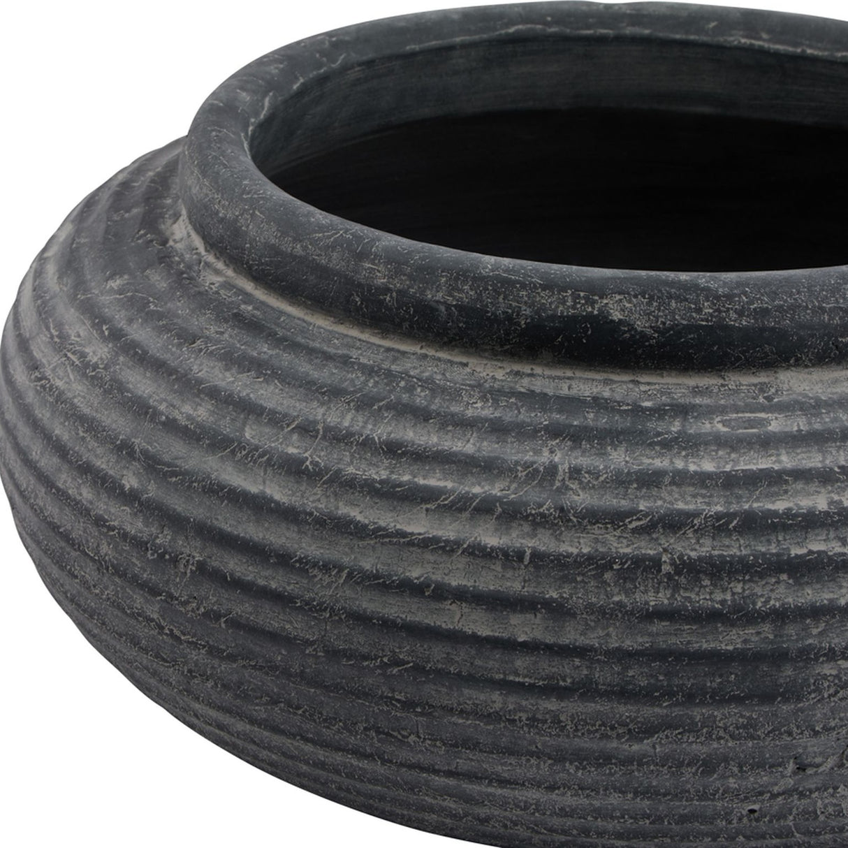 Close-up of the Hill Interiors Round Ribbed Ceramic Planter in grey, showing the wide circular opening, thick rim and horizontal ribbed texture.