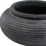 Close-up of the Hill Interiors Round Ribbed Ceramic Planter in grey, showing the wide circular opening, thick rim and horizontal ribbed texture.