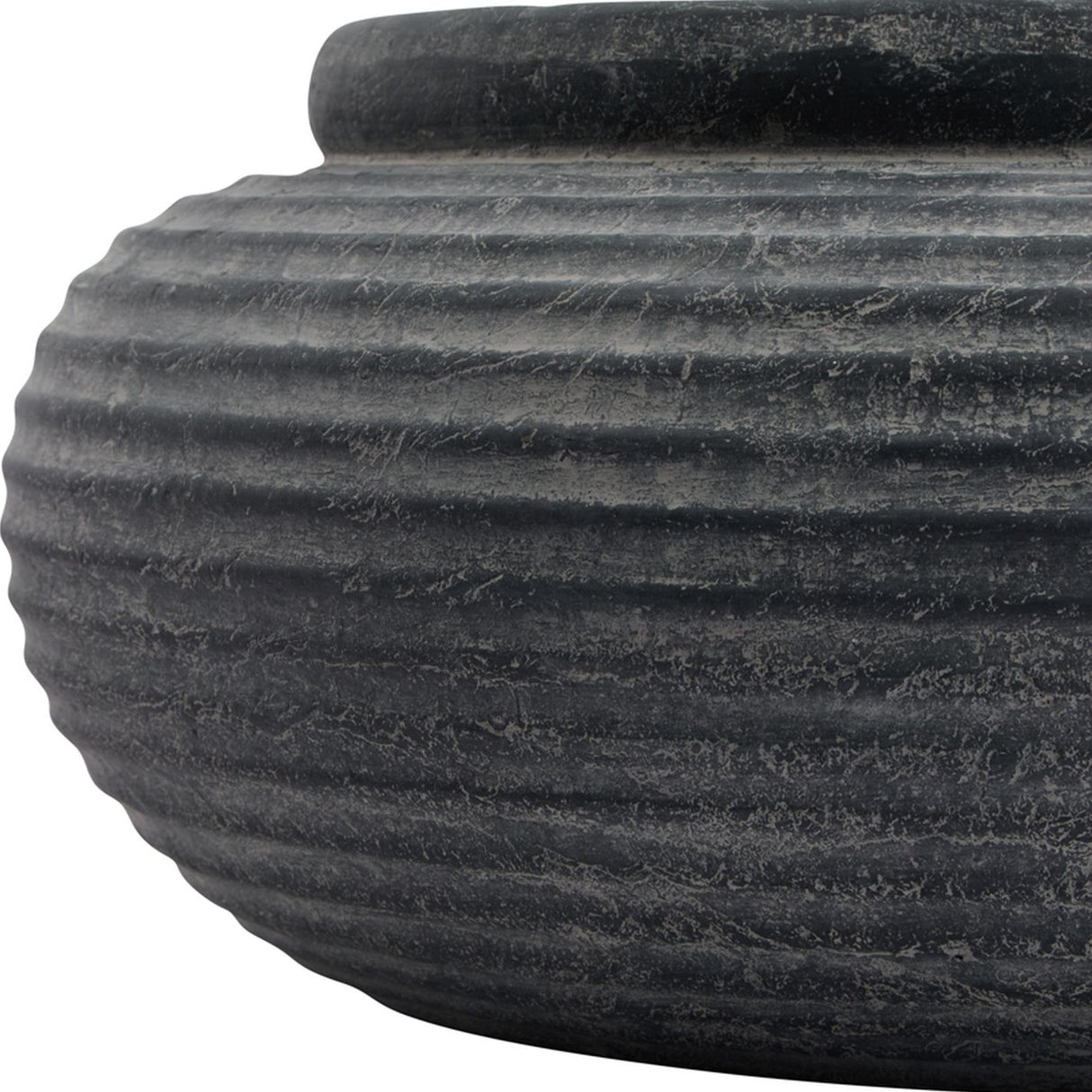 Close-up of Hill Interiors Round Ribbed Ceramic Planter in grey, showing the textured vertical ribbing and rounded body against a plain white background.