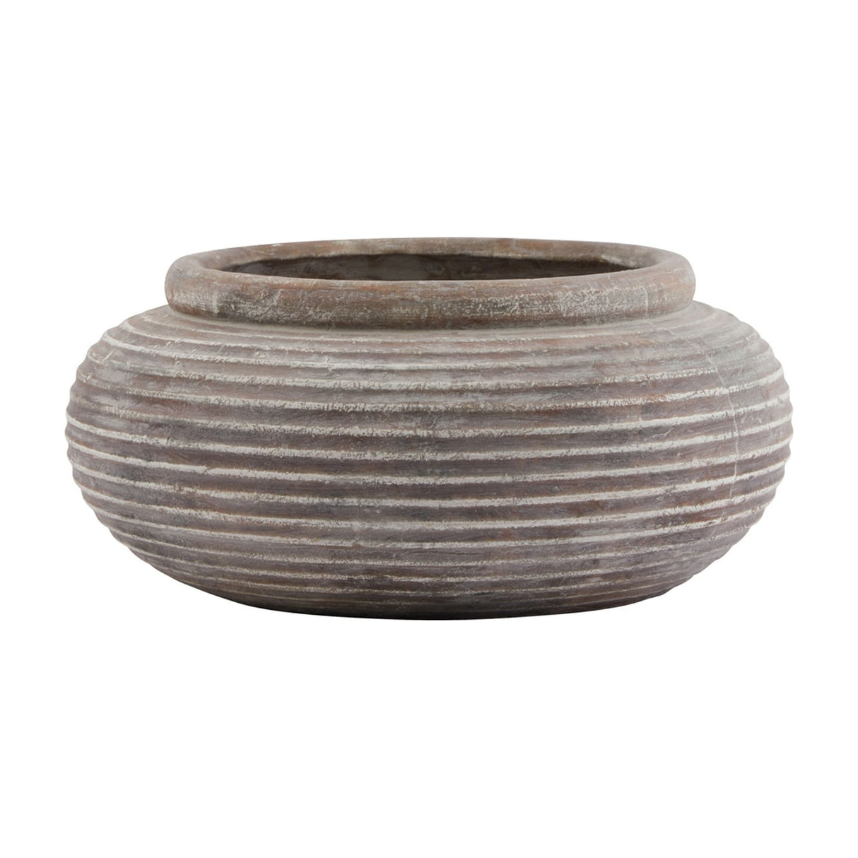 Hill Interiors Round Ribbed Ceramic Planter in brown with a wide rounded body, horizontal ribbing and rolled rim, shown on a plain white background.