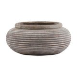 Hill Interiors Round Ribbed Ceramic Planter in brown with a wide rounded body, horizontal ribbing and rolled rim, shown on a plain white background.