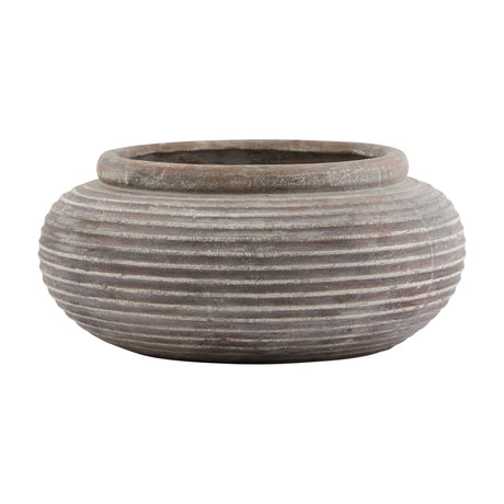 Hill Interiors Round Ribbed Ceramic Planter in brown with a wide rounded body, horizontal ribbing and rolled rim, shown on a plain white background.