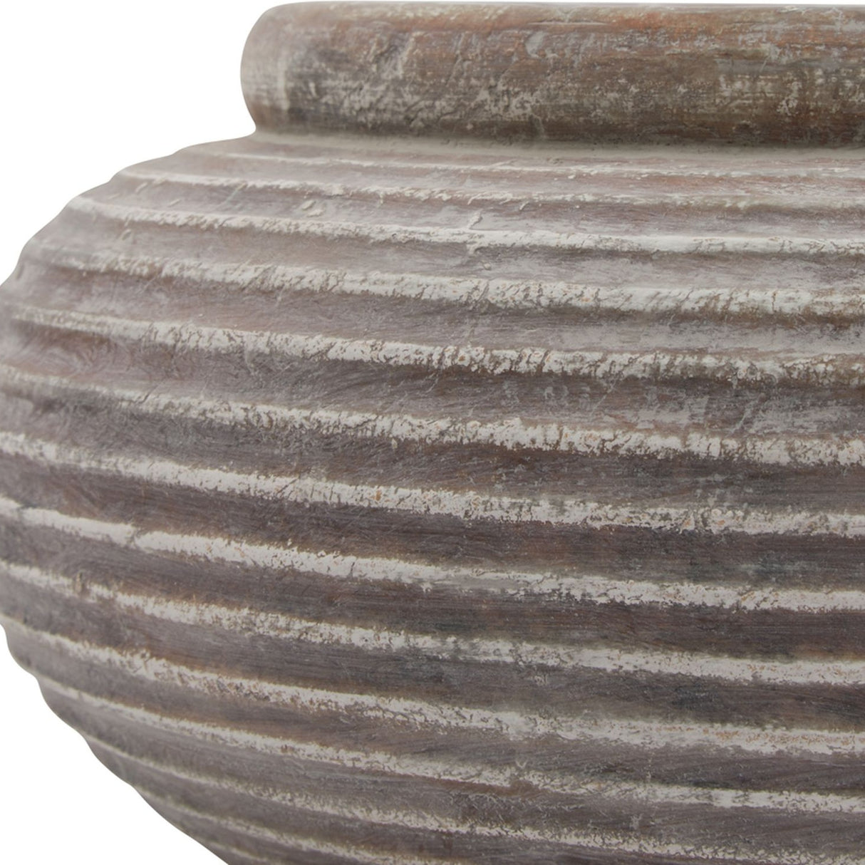 Close-up of Hill Interiors Round Ribbed Ceramic Planter in brown, showing the horizontally ribbed body and rolled rim with a weathered, earthy finish.