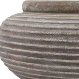 Close-up of Hill Interiors Round Ribbed Ceramic Planter in brown, showing the horizontally ribbed body and rolled rim with a weathered, earthy finish.
