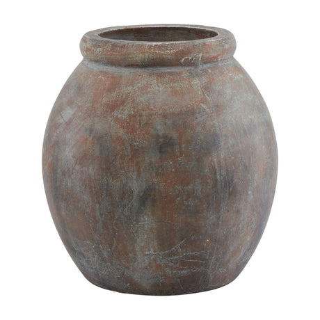 Hill Interiors Jar Shaped Ceramic Planter in brown with a rounded body, wide rolled rim and weathered glazed finish, shown on a plain white background.