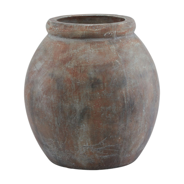 Hill Interiors Jar Shaped Ceramic Planter in brown with a rounded body, wide rolled rim and weathered glazed finish, shown on a plain white background.