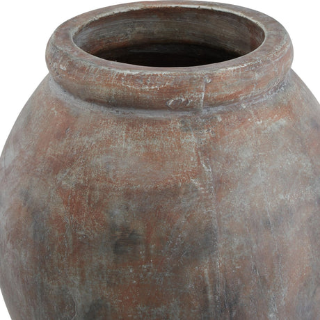 Close-up of the Hill Interiors Jar Shaped Ceramic Planter in brown, showing the wide rim and rounded body with a weathered, textured glazed finish.