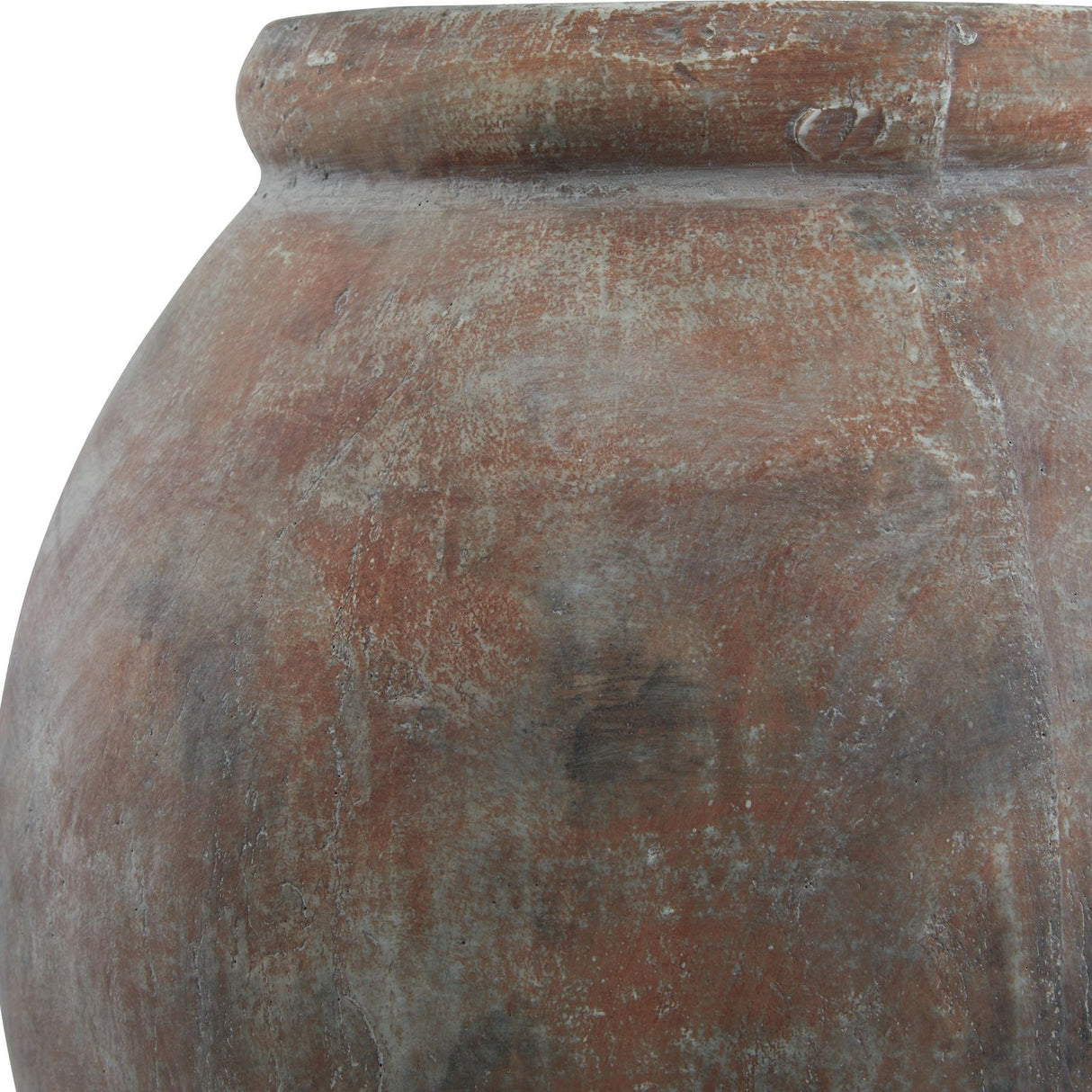 Close-up of Hill Interiors Jar Shaped Ceramic Planter in brown, showing the weathered glaze, rounded body and wide rimmed opening against a white background.